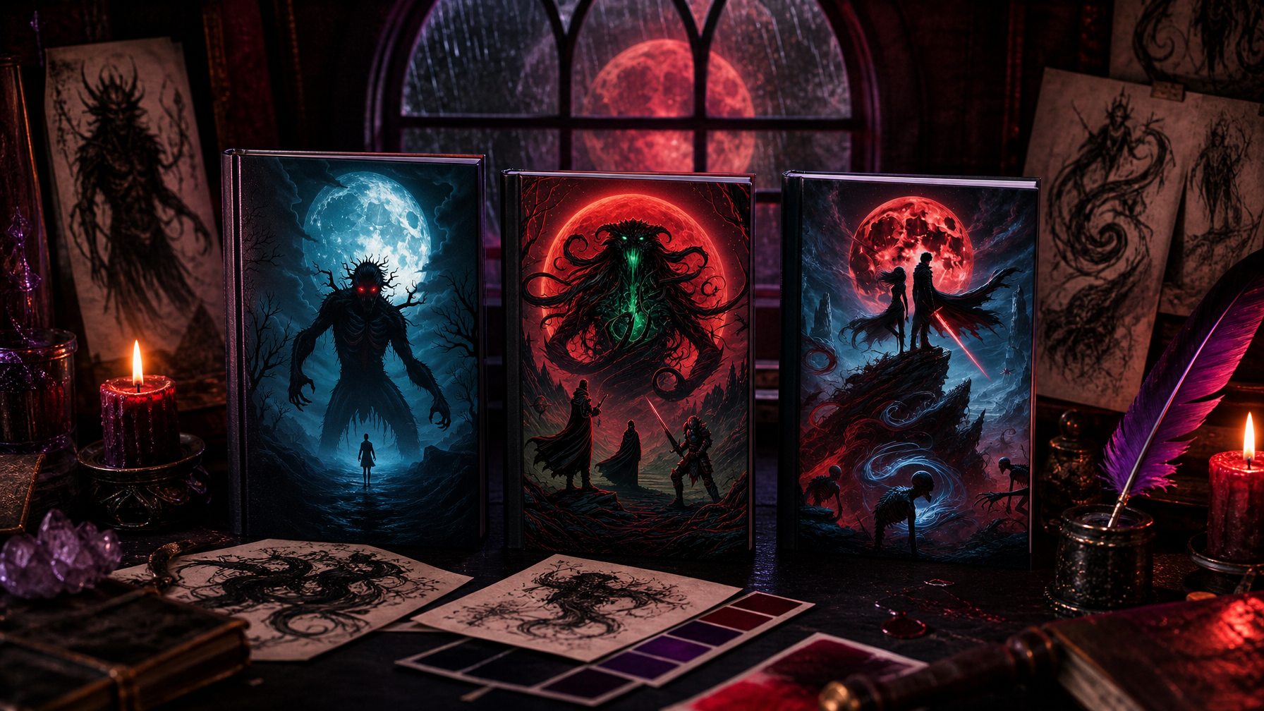Dark fantasy book design studio with three Moons Curse trilogy novels candlelight and a blood moon visible through an arched window