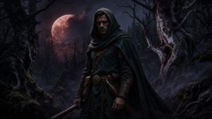 Auren Draevan the ranger warrior of The Moons Curse Trilogy standing at the forest threshold beneath a crimson moon