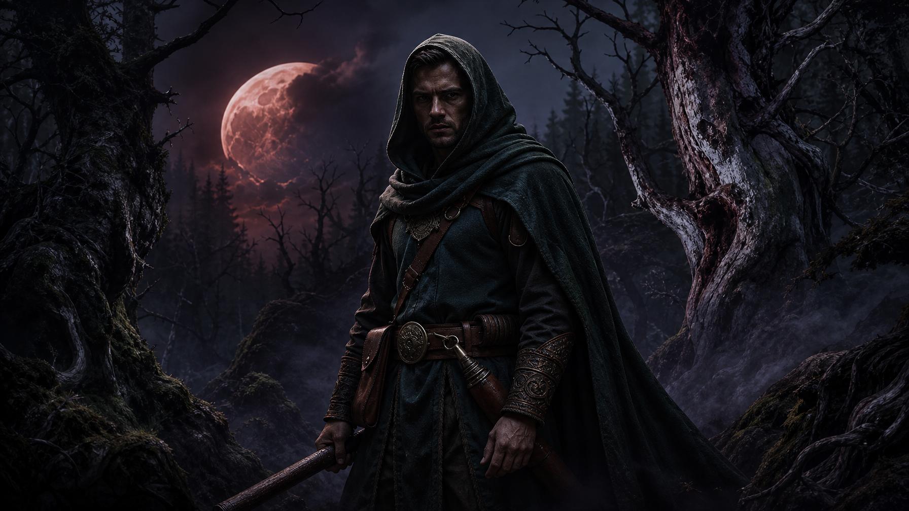 Auren Draevan and the Weight of the Watch The Ranger Who Walked Between Worlds Londyn Publishing Auren Draevan the ranger warrior of The Moons Curse Trilogy standing at the forest threshold beneath a crimson moon