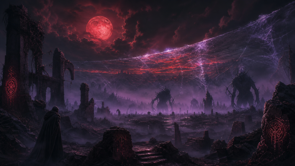 Dark atmospheric fantasy landscape with ancient ruins a shimmering veil across the horizon and a blood red moon rising over misty terrain