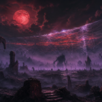 Dark atmospheric fantasy landscape with ancient ruins, a shimmering veil across the horizon, and a blood-red moon rising over misty terrain