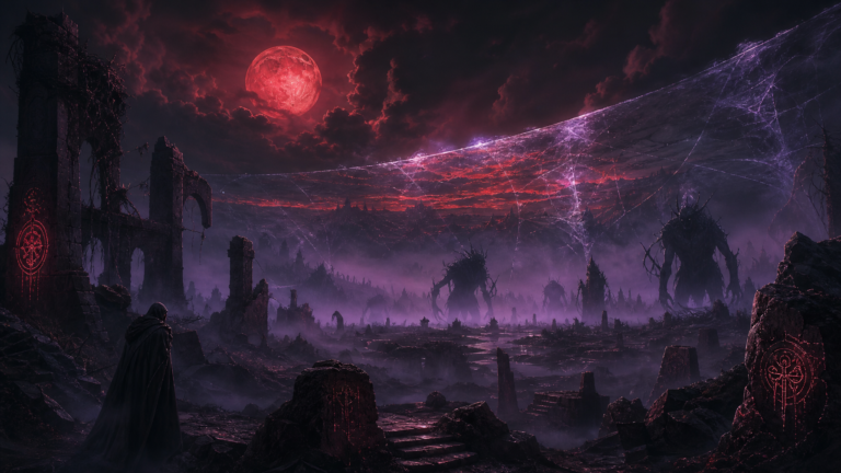 Dark atmospheric fantasy landscape with ancient ruins, a shimmering veil across the horizon, and a blood-red moon rising over misty terrain