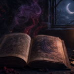 Dark atmospheric fantasy reading aesthetic — candlelit ancient tome with violet and crimson smoke, crescent moon through a shadowed window