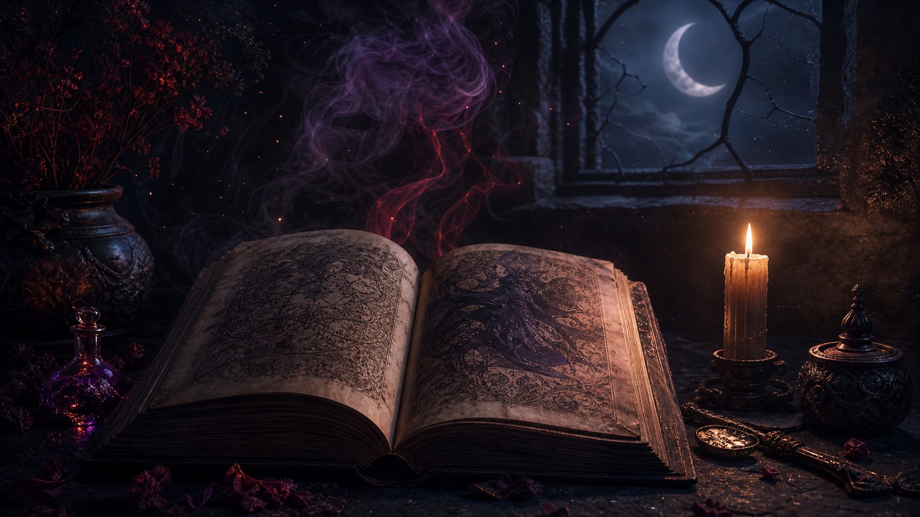 The Slow Burn Dark Fantasy Trend on BookTok Why Readers Are Choosing Dread Over Action Londyn Publishing Dark atmospheric fantasy reading aesthetic candlelit ancient tome with violet and crimson smoke crescent moon through a shadowed window