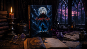 A candlelit dark fantasy study table with an open leather bound book crescent moon bookmark and twilight mullioned window