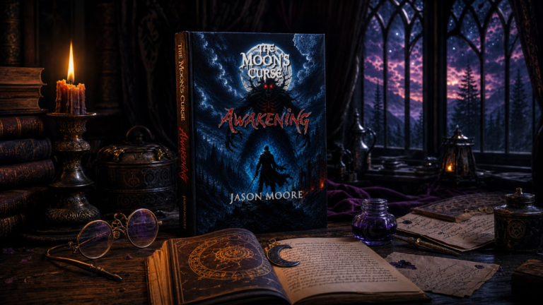 A candlelit dark fantasy study table with an open leather-bound book, crescent moon bookmark, and twilight mullioned window.