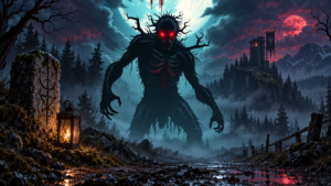 Ancient stone covenant boundary marker and iron lantern on a desolate frontier road at twilight under a crimson moon