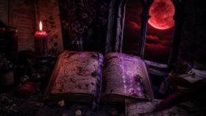Dark fantasy tome with glowing runes candle and blood red moon  BookTok prophecy reader aesthetic