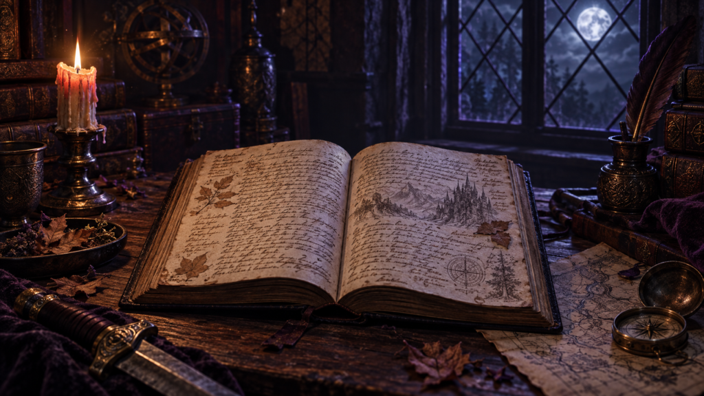 Open dark fantasy novel on a night desk with handwritten margin notes candlelight and pressed leaves