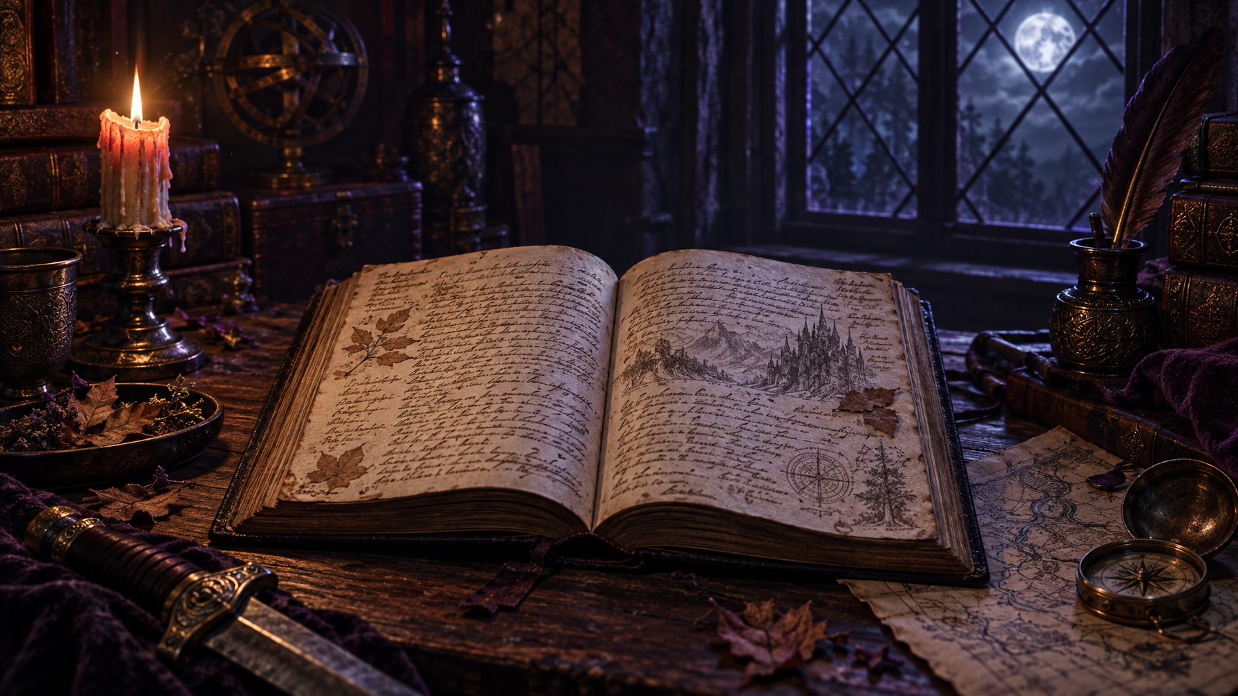 BookTok Loves a Clean Stack Dark Fantasy Lives in the Margins Londyn Publishing Open dark fantasy novel on a night desk with handwritten margin notes candlelight and pressed leaves