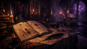 Ancient scriptorium with candlelight parchment manuscripts covered in sigils atmospheric dark fantasy writing scene