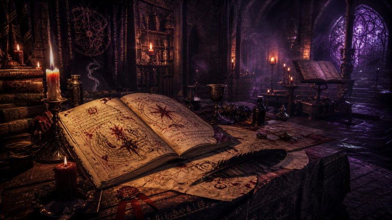 Ancient scriptorium with candlelight, parchment manuscripts covered in sigils, atmospheric dark fantasy writing scene