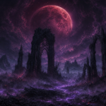 Ruined gothic spires under a blood violet moon with violet Veil fractures across a dark fantasy threshold plain