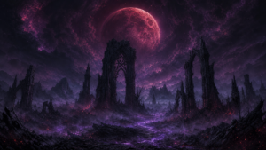 Ruined gothic spires under a blood violet moon with violet Veil fractures across a dark fantasy threshold plain
