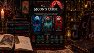 Complete trilogy poster for The Moons Curse with Awakening Descent and Blood Moon covers on a candlelit table with books roses and raven