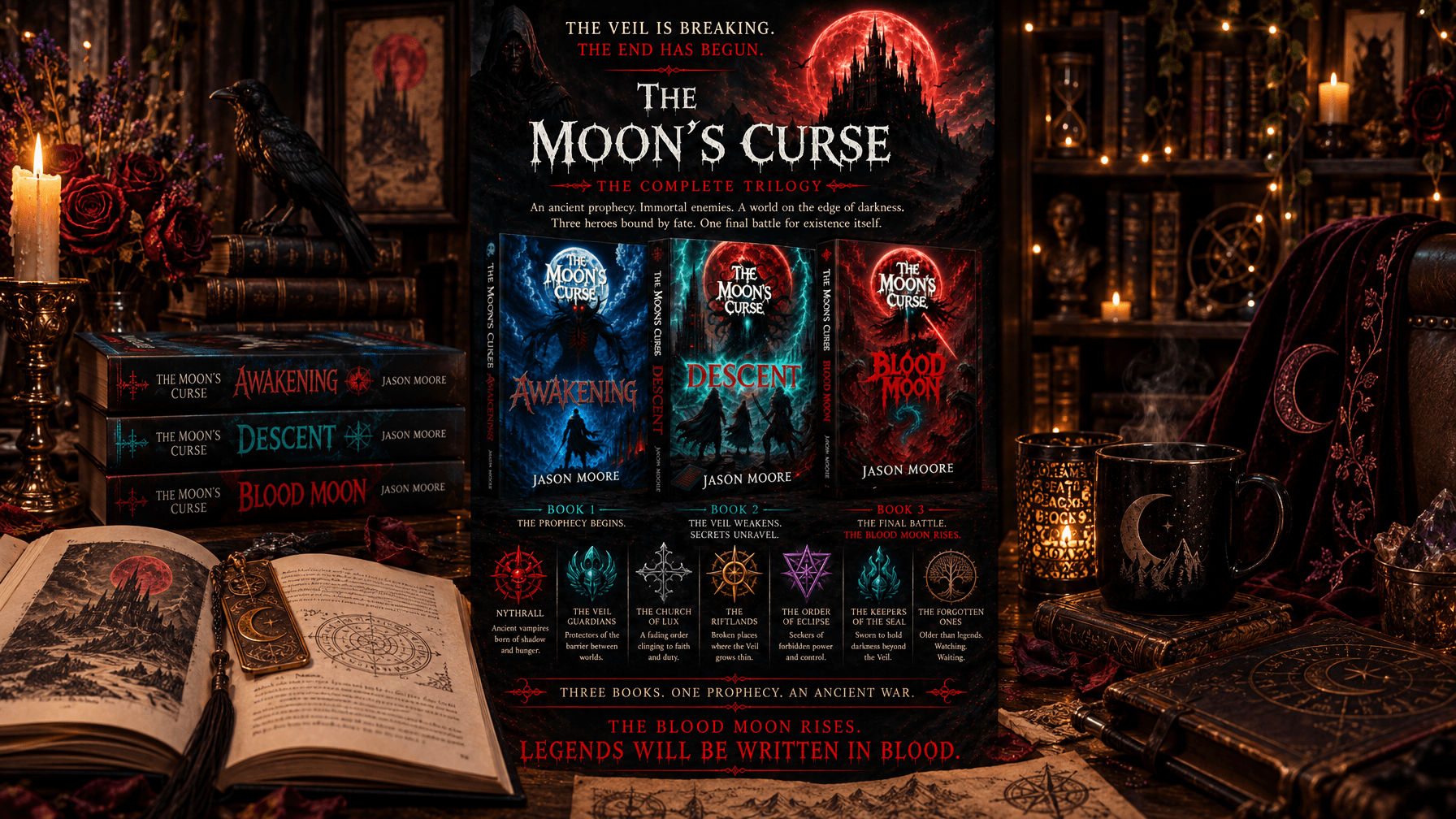 The Moons Curse Complete Trilogy display with Awakening Descent Blood Moon Londyn Publishing Complete trilogy poster for The Moons Curse with Awakening Descent and Blood Moon covers on a candlelit table with books roses and raven