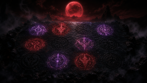 Ancient obsidian stone carved with twelve glowing sigils  six pulsing violet and crimson six dark and untranslated  beneath a blood red moon