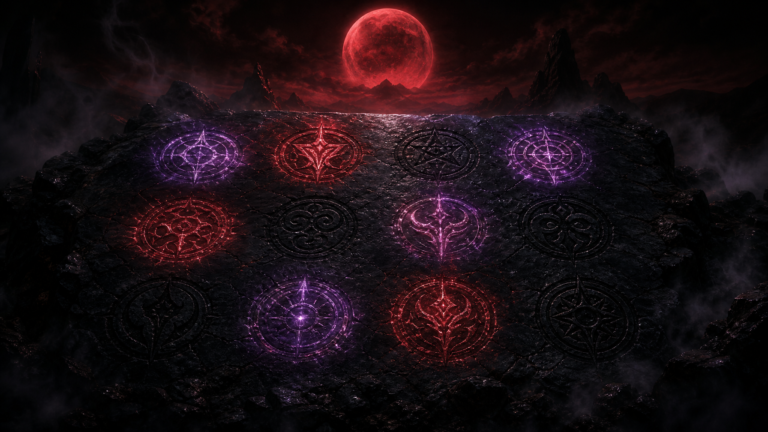 Ancient obsidian stone carved with twelve glowing sigils — six pulsing violet and crimson, six dark and untranslated — beneath a blood-red moon.