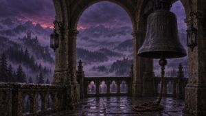 Gothic cathedral belfry tower overlooking a mist filled valley under a violet twilight sky in dark fantasy