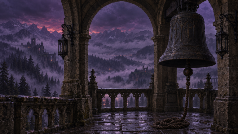 Gothic cathedral belfry tower overlooking a mist-filled valley under a violet twilight sky in dark fantasy
