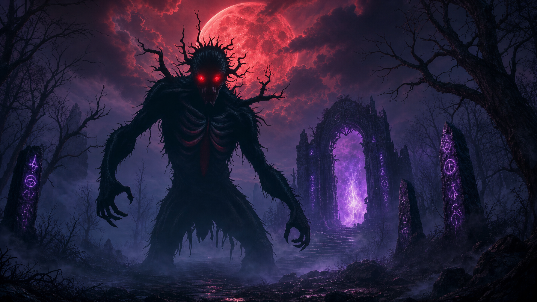 7 Essential Elements of Dark Fantasy WorldBuilding That Create Lasting Atmosphere and Dread Londyn Publishing Dark fantasy world building stone archway beyond the Veil under a Blood Moon