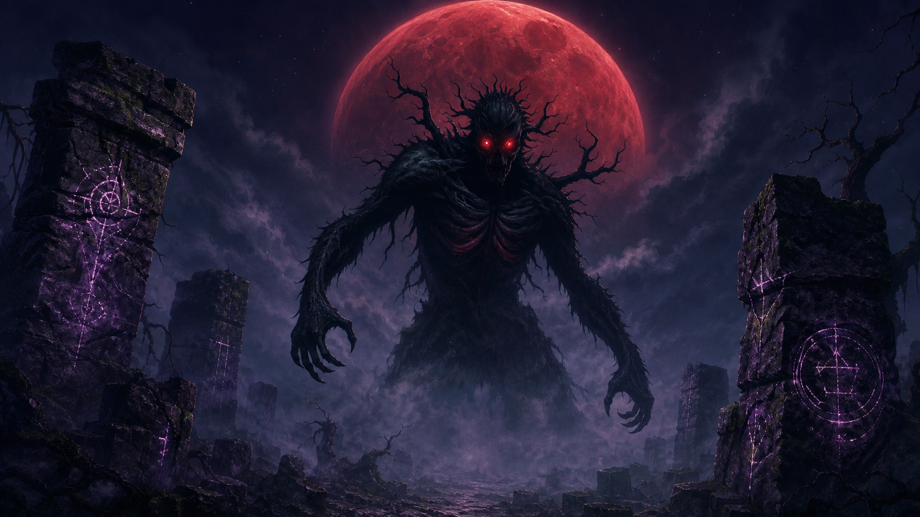 Dark Fantasy Creatures That Arent Vampires Inside the Mythology of the Nythrall Londyn Publishing A moon bound Nythrall creature emerging from mist beneath a blood red moon amid ancient ruins