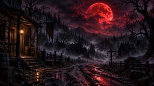 Frontier road under a blood tinged moon one porch lamp still burning while settlement windows stay empty