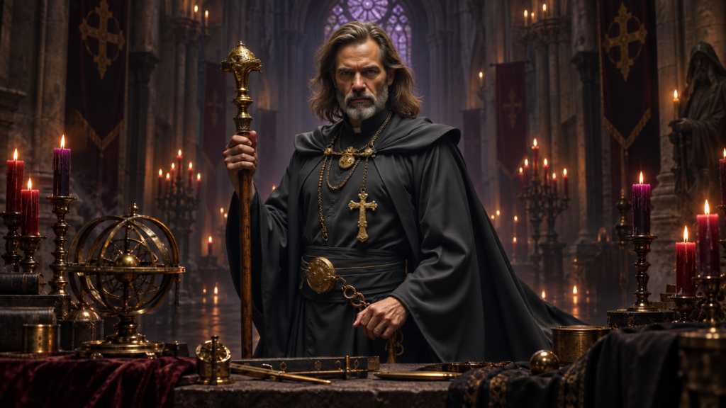 Father Kalen Draemir in black robes beside a cold brass cathedral clock in candlelit nave