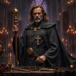 Father Kalen Draemir in black robes beside a cold brass cathedral clock in candlelit nave