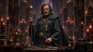 Father Kalen Draemir in black robes beside a cold brass cathedral clock in candlelit nave