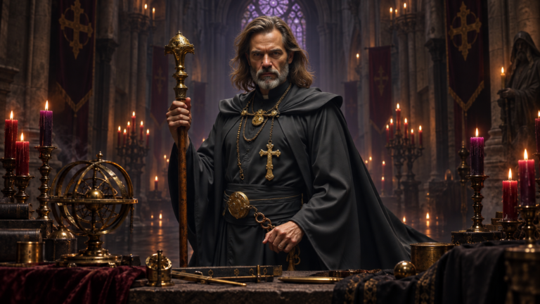 Father Kalen Draemir in black robes beside a cold brass cathedral clock in candlelit nave