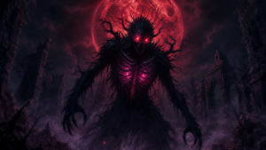 A Nythrall creature standing beneath a blood red moon in ancient ruins  dark fantasy mythology from The Moons Curse Trilogy