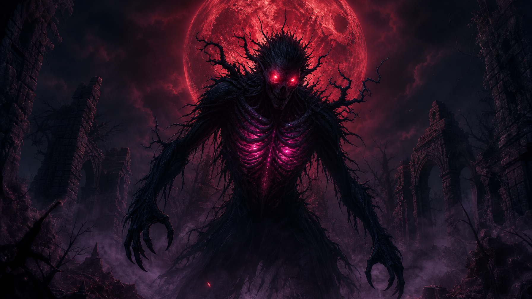 A Nythrall creature standing beneath a blood red moon in ancient ruins  dark fantasy mythology from The Moons Curse Trilogy