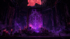 Ancient ritual covenant chamber with glowing sigils under a blood red moon  dark fantasy atmospheric art