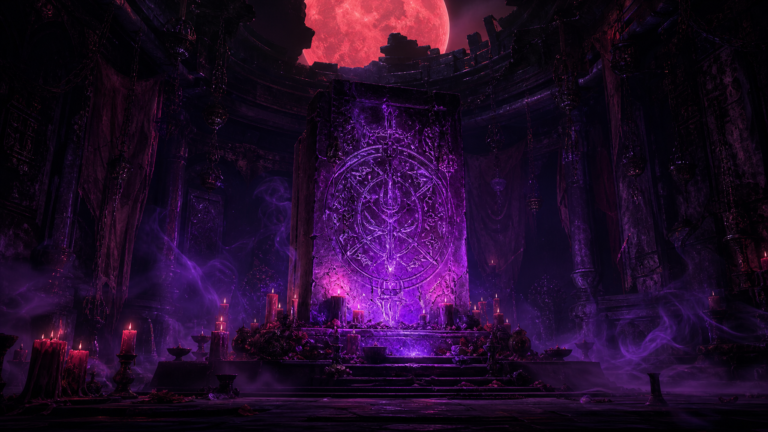 Ancient ritual covenant chamber with glowing sigils under a blood-red moon — dark fantasy atmospheric art