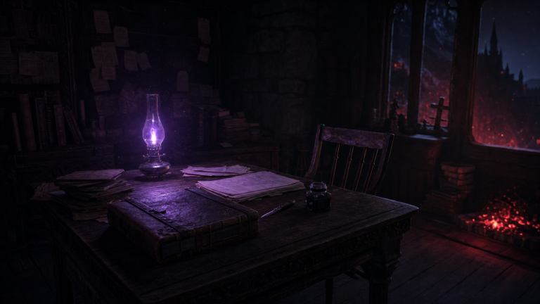 Lamp-lit indie writing desk with manuscript pages, a leather ledger, and ink, in dark violet and crimson light