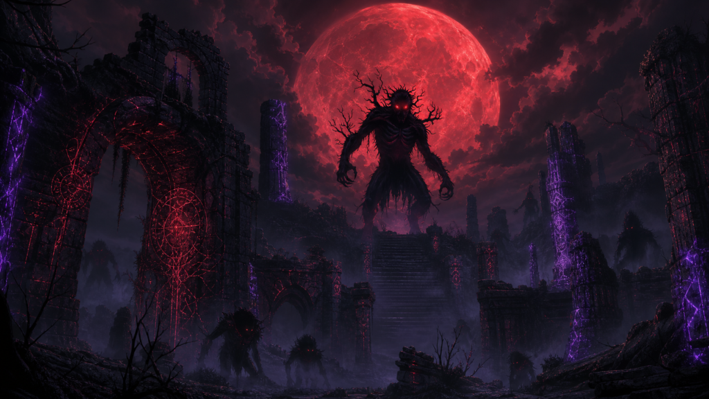 Ancient stone ruins beneath a blood red moon with shadowy Nythrall creatures emerging from the mist  dark fantasy book recommendations