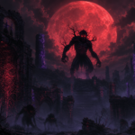Ancient stone ruins beneath a blood red moon with shadowy Nythrall creatures emerging from the mist  dark fantasy book recommendations