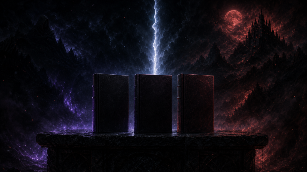 Three dark fantasy hardcovers on a stone altar beneath a thin tear of moonlight violet and crimson rim light