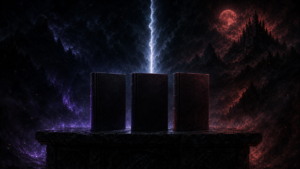 Three dark fantasy hardcovers on a stone altar beneath a thin tear of moonlight violet and crimson rim light