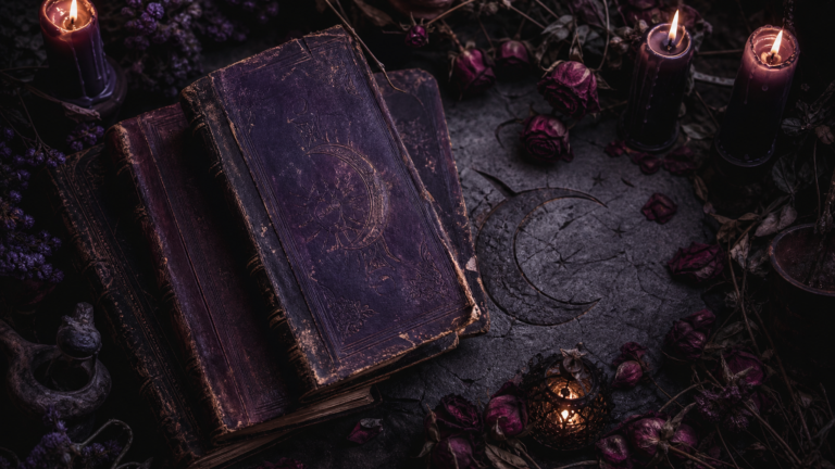 Dark atmospheric fantasy books on stone with candlelight — finished trilogy aesthetic