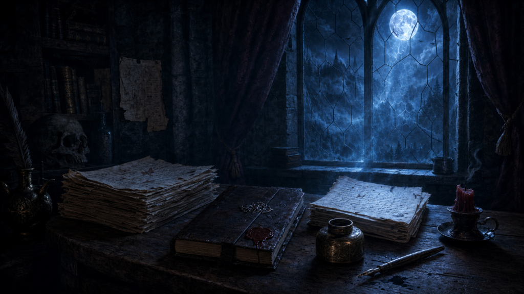 Moonlit stone study with manuscript stacks a sealed ledger and cold blue light through a tall window