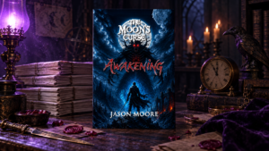 Folded paper signatures stacked on a dark oak desk under violet lamp light brass letter opener and clock indie publisher binding dummy