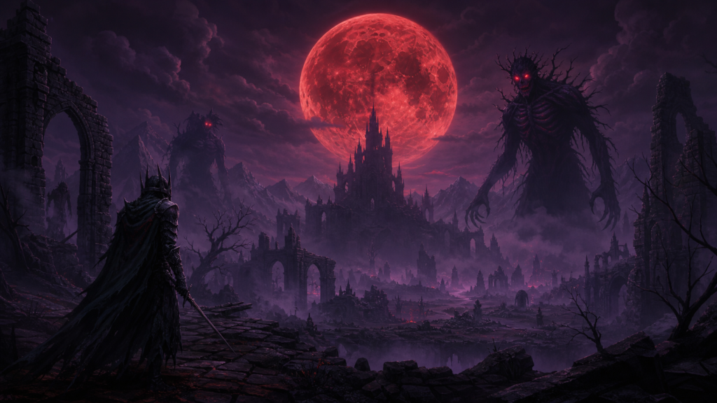A cinematic dark fantasy landscape beneath a massive blood red full moon with shadowy Nythrall figures looming among ancient ruined stone arches