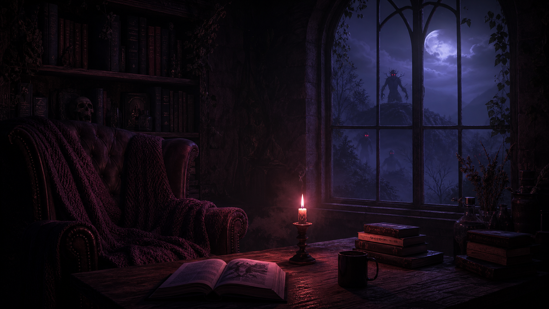 BookTok Dark Fantasy Without the Romantasy Filter Recs for DreadFirst Readers Londyn Publishing Candlelit window looking onto a moonlit ridge and thinning violet Veil crimson eyed shadows far in the mist