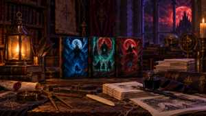Three illustrated dark fantasy hardcovers on a candlelit author desk with lantern ink and manuscript pages