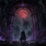 A warrior silhouette stands before a crumbling stone gate under a blood red moon with shadow creatures beyond  dark fantasy atmosphere evoking Bloodborne and The Moons Curse Trilogy