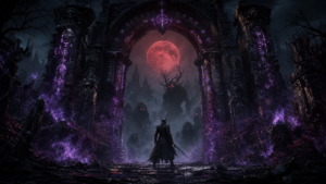 A warrior silhouette stands before a crumbling stone gate under a blood red moon with shadow creatures beyond  dark fantasy atmosphere evoking Bloodborne and The Moons Curse Trilogy