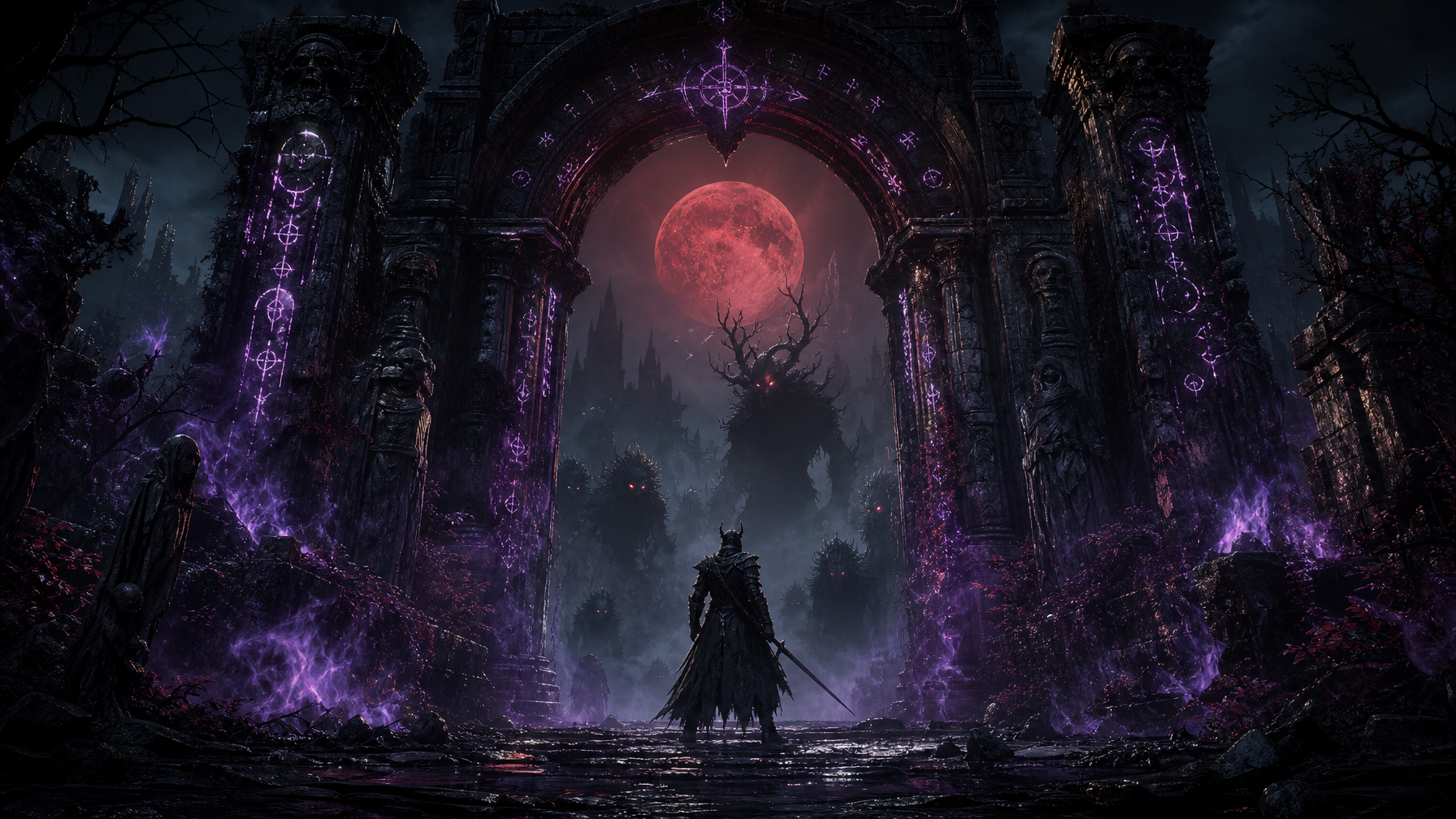 Dark Fantasy Books for Gamers If You Love Bloodborne Dark Souls and The Witcher Read These Next Londyn Publishing A warrior silhouette stands before a crumbling stone gate under a blood red moon with shadow creatures beyond dark fantasy atmosphere evoking Bloodborne and The Moons Curse Trilogy
