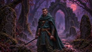 Cloaked ranger standing between moss covered rune stones before a ruined arch under a red moon in mist